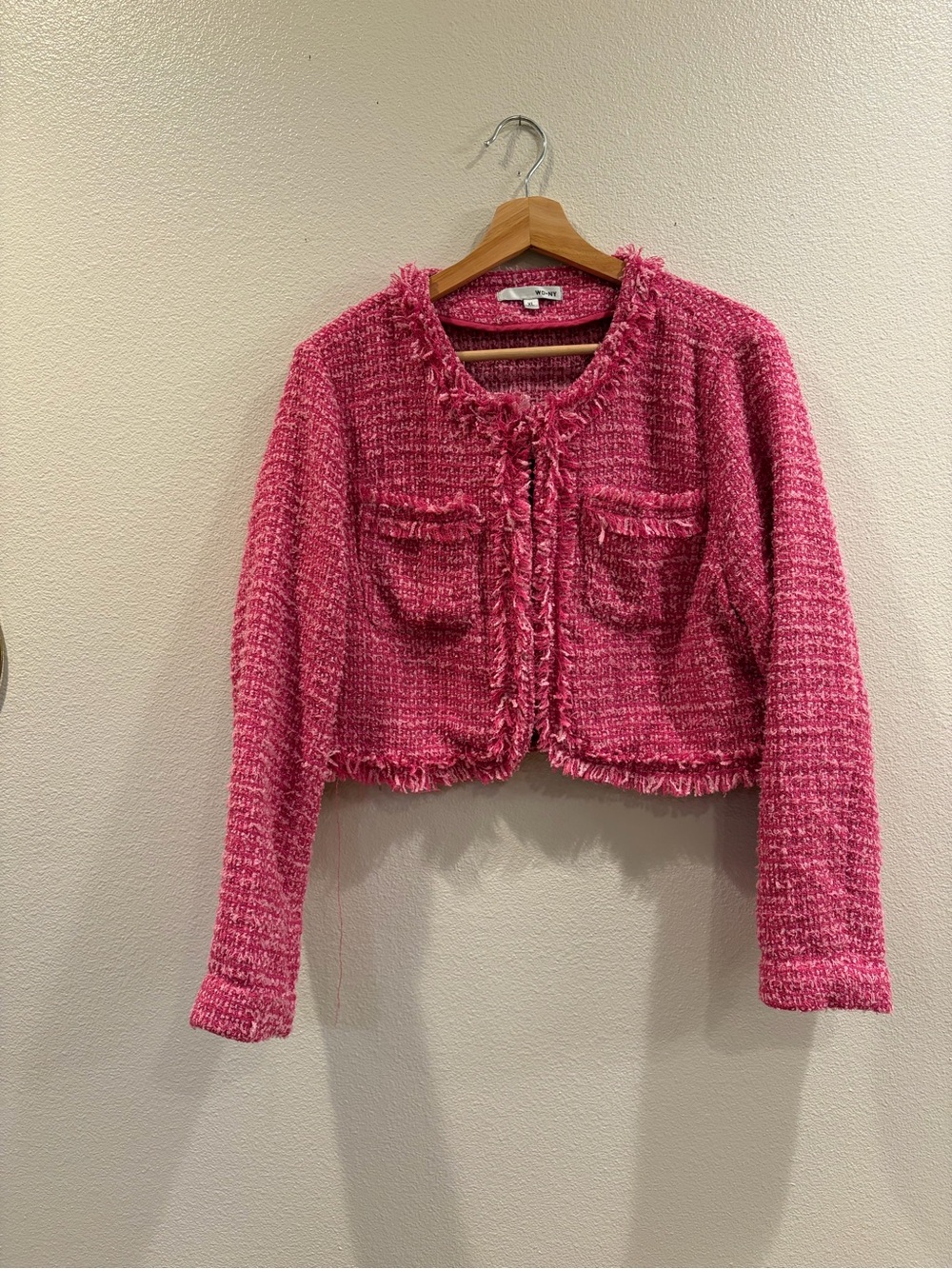 5/$26 WD.NY Pink Tweed Cropped Fringe Jacket